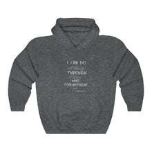 Load image into Gallery viewer, Unisex Strength Hooded Sweatshirt grey letters