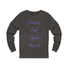 Load image into Gallery viewer, Women's Fitted Long Sleeve Blessed Tee Purple Print