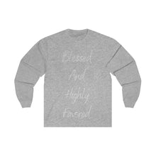 Load image into Gallery viewer, Women&#39;s Fitted Long Sleeve Blessed Tee Grey Print